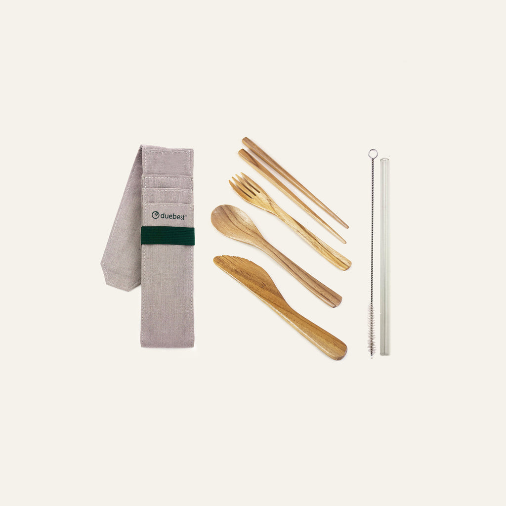 Duebest Reusable Wooden Travel Cutlery Set & Glass Straw